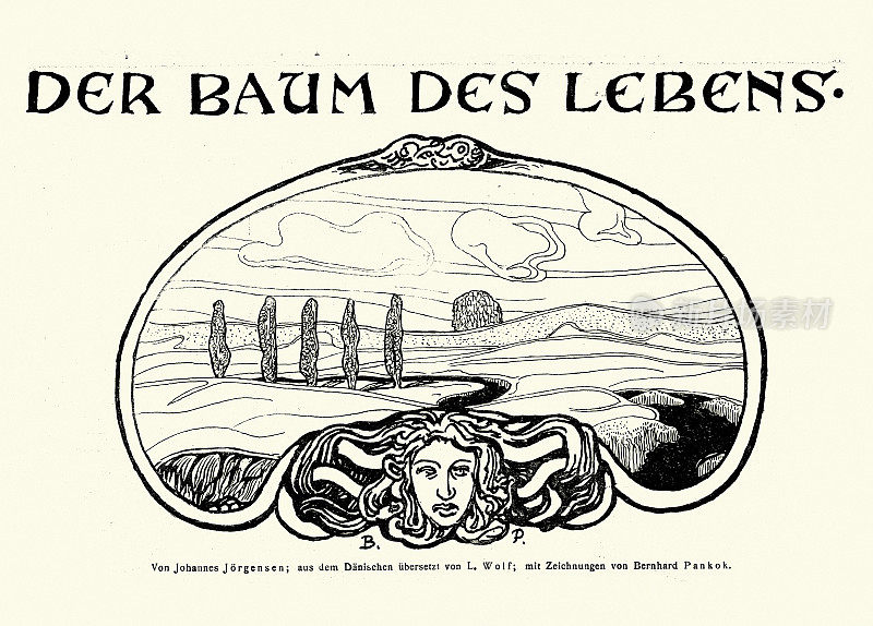 复古插画《生命之树》，Der Baum Des Lebens, Bernhard Pankok，青年时期，新艺术景观，19世纪90年代